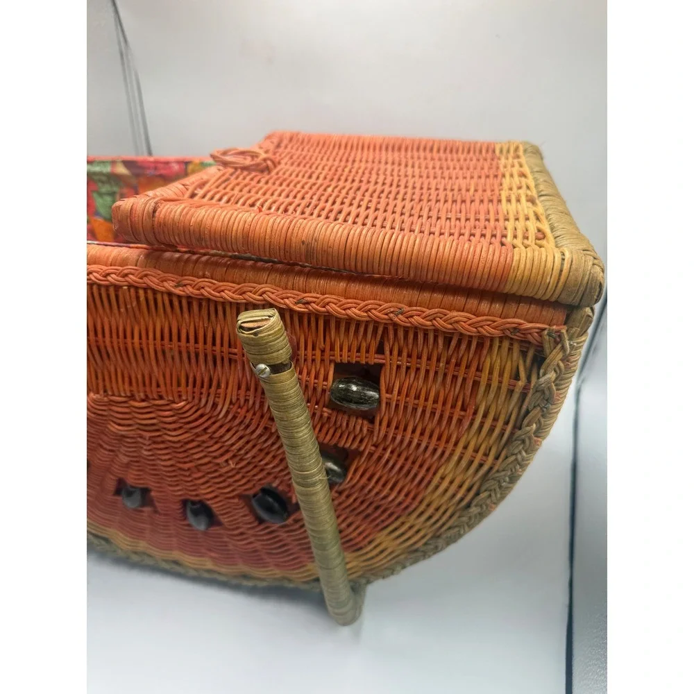 Vintage Wicker Watermelon Picnic Basket Fruit Print Lining Summer Tote Bag